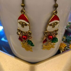 Rare 60s vintage Enamel Santa dangle Earrings with Snowflake tips